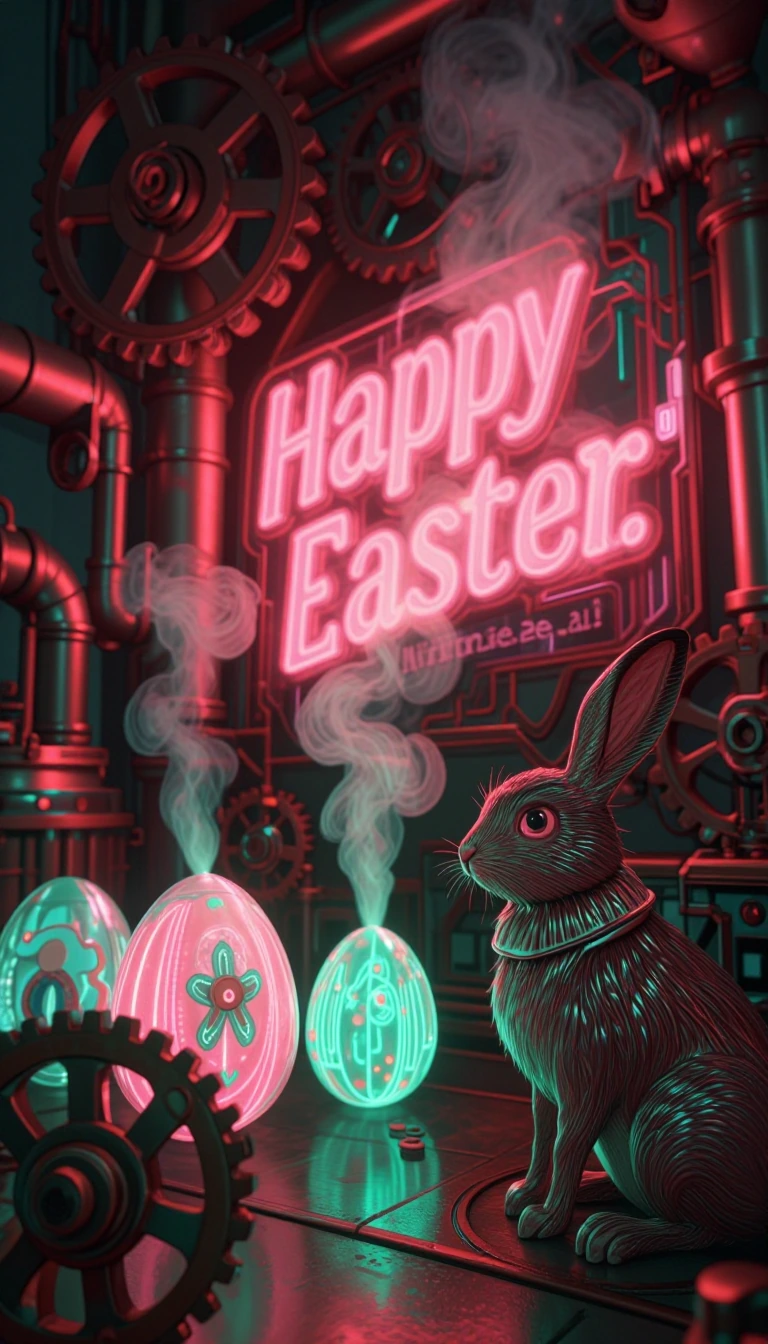A vibrant neon steampunk Easter scene glowing with electric colors and metallic textures. Intricate brass gears, copper pipes, and holographic circuit
