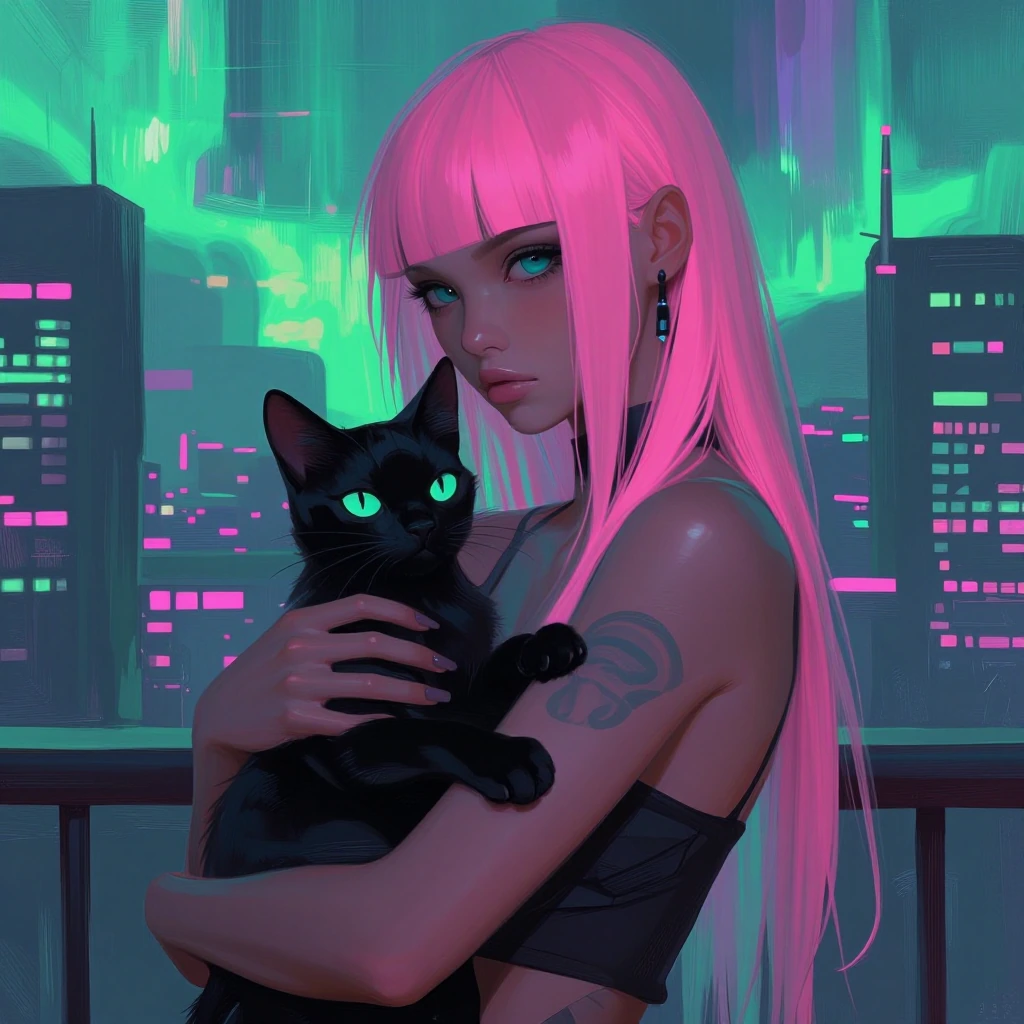 Rough oil painting cyberpunk girl with neon pink and cyan hair holding black cat with glowing eyes, futuristic dystopian cityscape with glowing buildings and aurora sky behind her, vibrant neon lighting, synthwave aesthetic, digital art illustration,