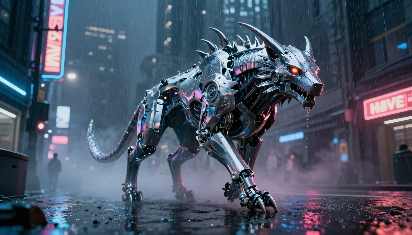 A majestic cybernetic cromium animal walking through a rain-soaked cyberpunk city at night, neon signs reflecting in puddles, volumetric fog, dramatic
