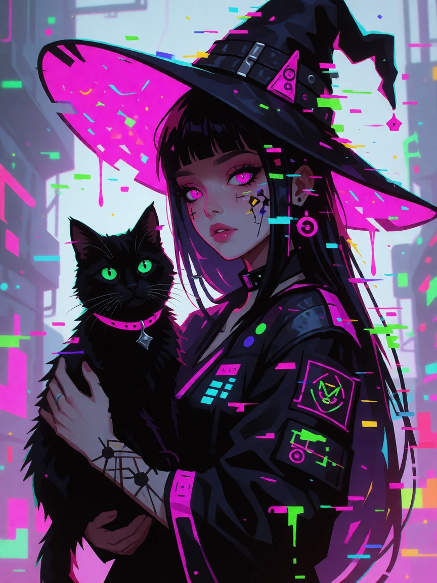 Glitchy cyberpunk witch with a cat