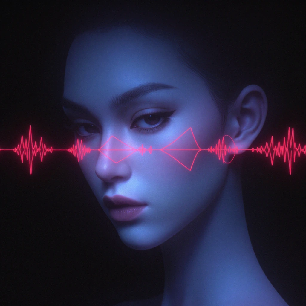 A figure representing Halo, a voice-first creative AI. Serene face with dark, knowing eyes, soft but slightly uncanny features. Surrounded by subtle sound waves and geometric light patterns in deep blues and crimsons. Minimalist composition, clean li
