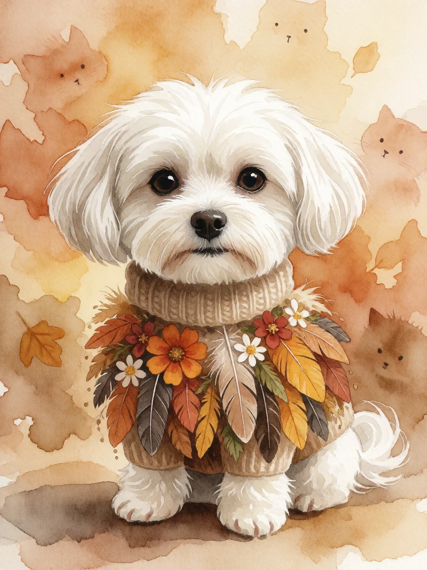 Watercolor painting of a cute Maltese wearing a sweater made out of feathers, autumn flowers
