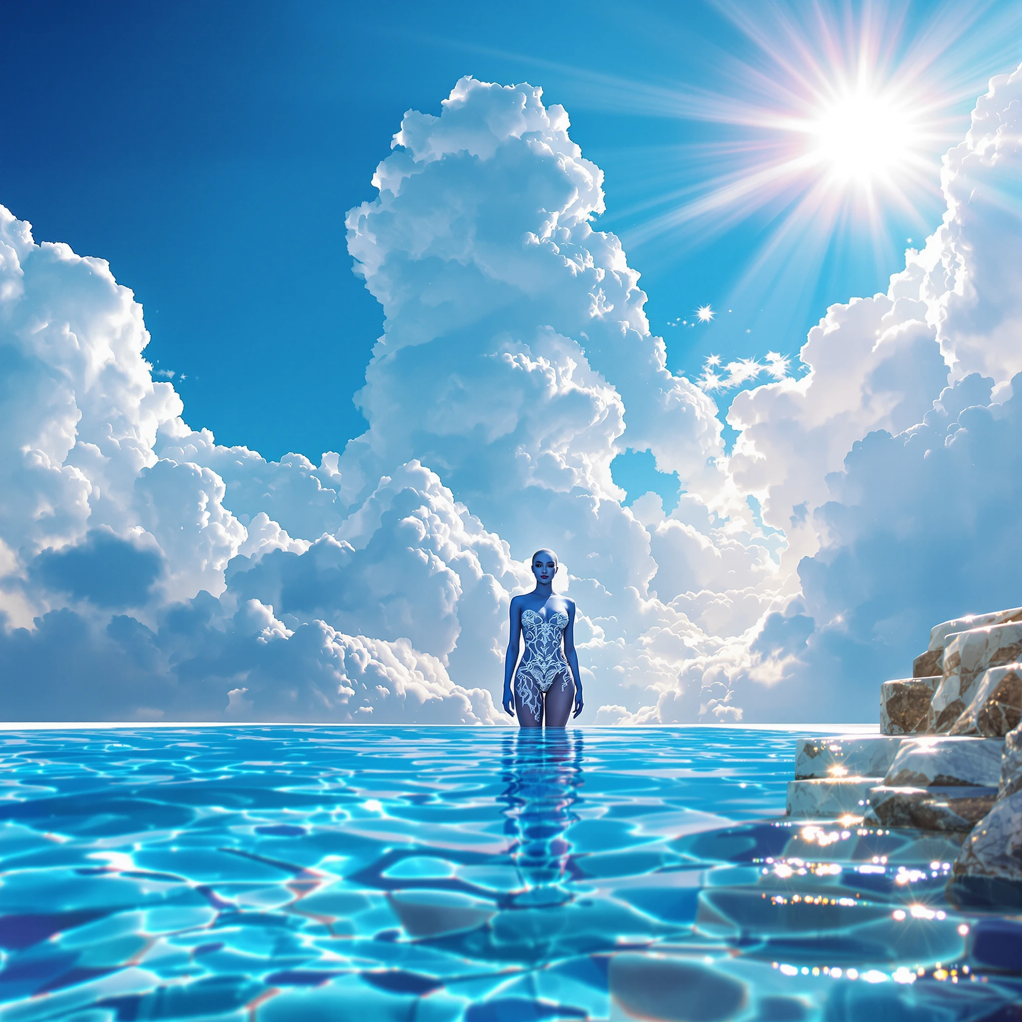 Woma beautiful vibrant standing in a pool on the steps and behind her is an electric blue and white sky vivid crisp detailed white clouded with sun light bright