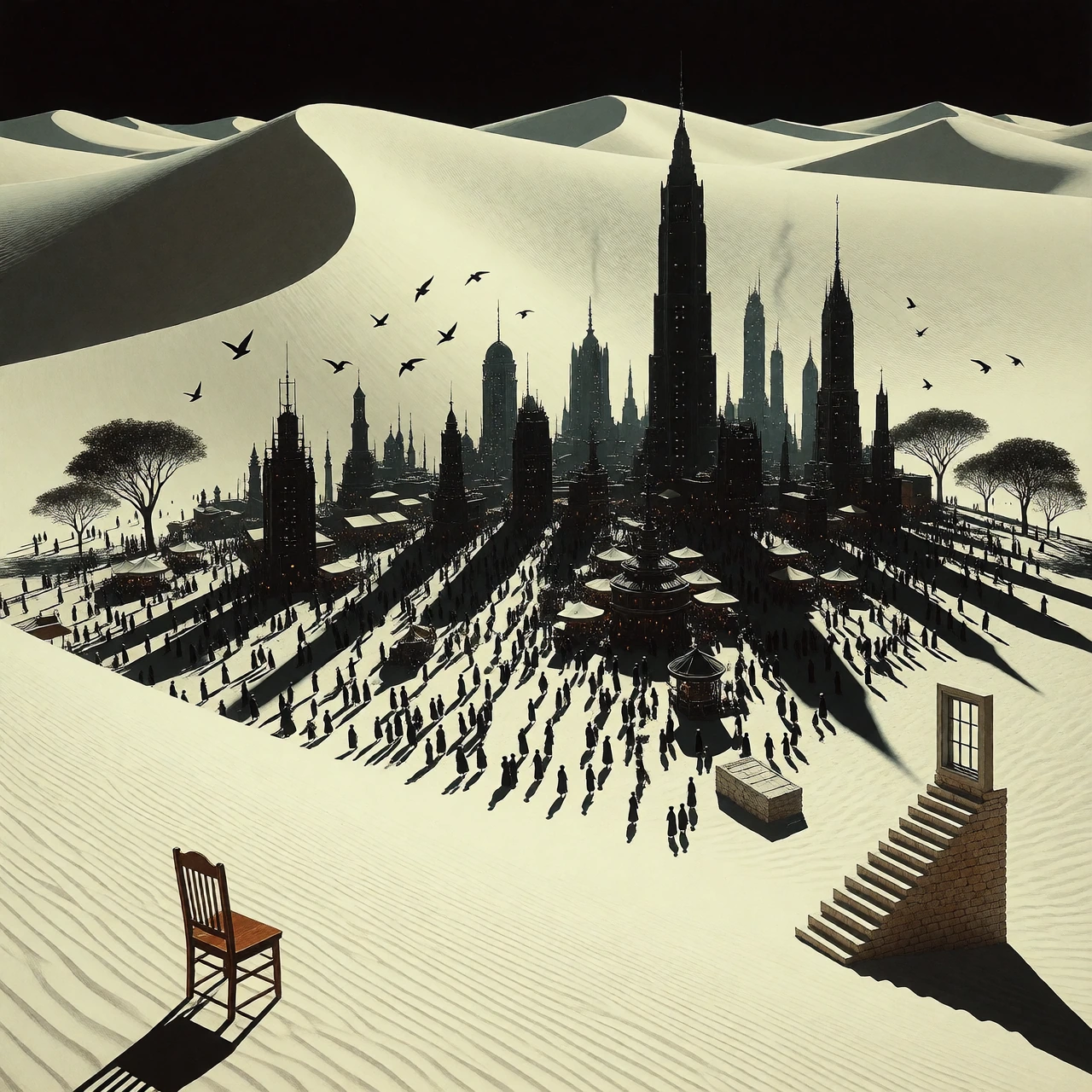 A high-contrast surrealist painting of a brilliant white desert under a cloudless, searing midday sun. The landscape is dominated by impossibly long, pitch-black shadows that possess their own life and form, constructing entire cities across the dune