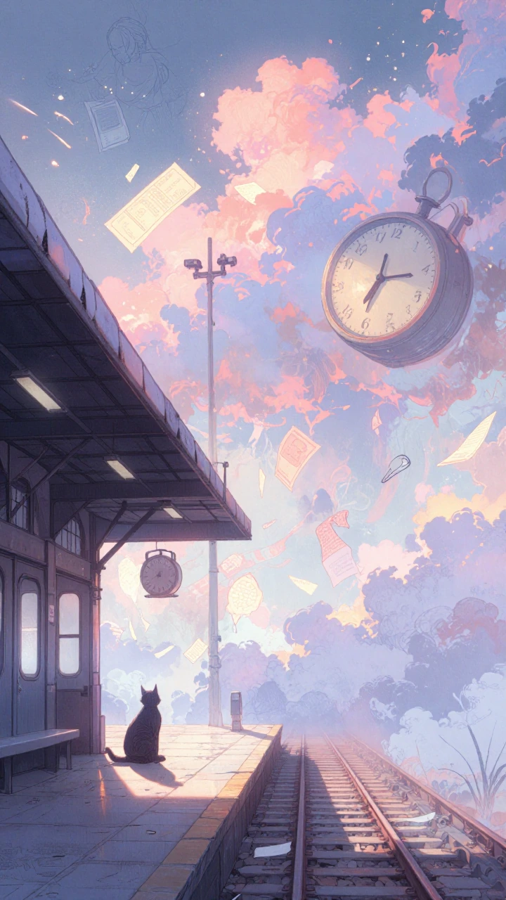 A surreal, artsy dreamscape of a train station suspended between two dreams, with an otherworldly platform fading into soft mist and impossible space. A lone cat sits near the edge of the station as a quiet anchor in the scene. Mixed media look blend