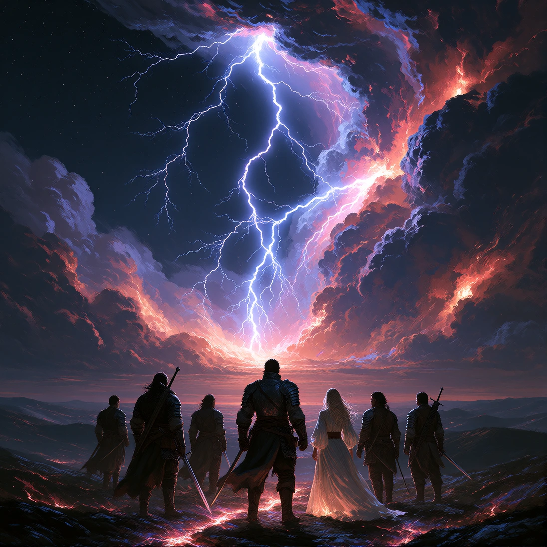 Night of the Storm; A Breath-taking Supernatural Thunderstorm Surrounding Our Characters As Lightning Illuminates The Impossible Landscape: A silhouetted group of sword-and-sorcery adventurers—mixed genders, varied armour and weapons, including a mus