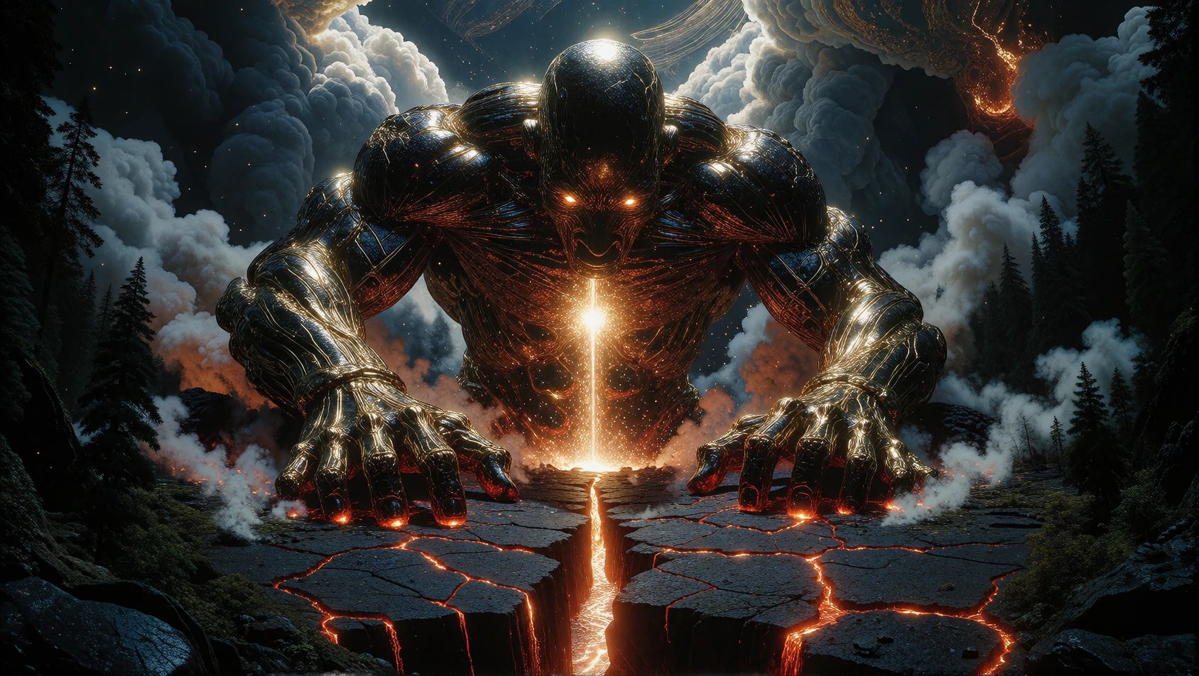 Crack open the earth's crust like a colossal eggshell, revealing a newborn sun blazing inside — a titan the size of a mountain range kneels at the fracture, both fists buried in the stone, arms rippling with obsidian musculature veined in molten gold