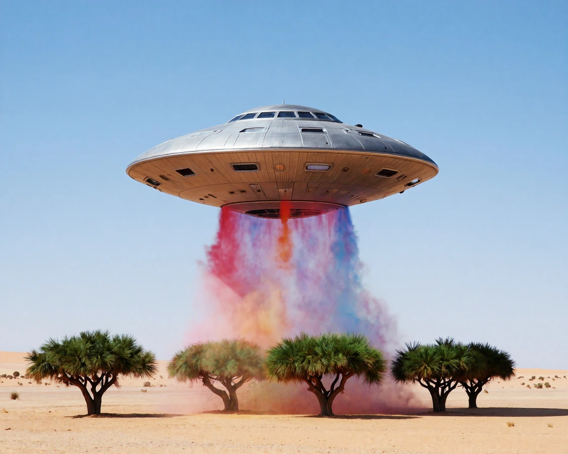 A UFO hovering above a desert, colorful dust falling of the UFO unti the ground, where tge dust meet tge groûd green trees appear