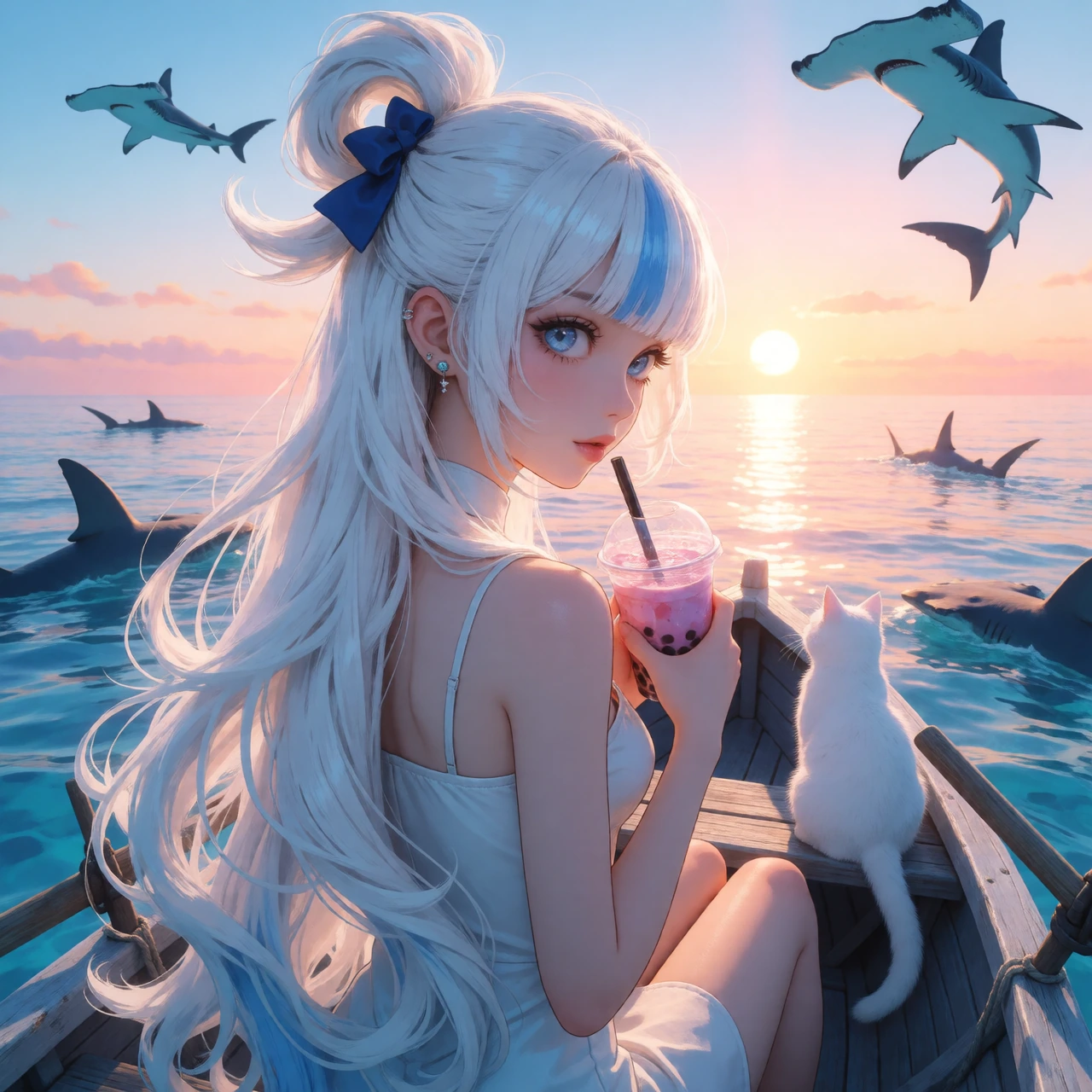 Woman platinum Aqua hair with cat in a small rowboat on the ocean. Sunrise. Boba drink. Hammerhead sharks