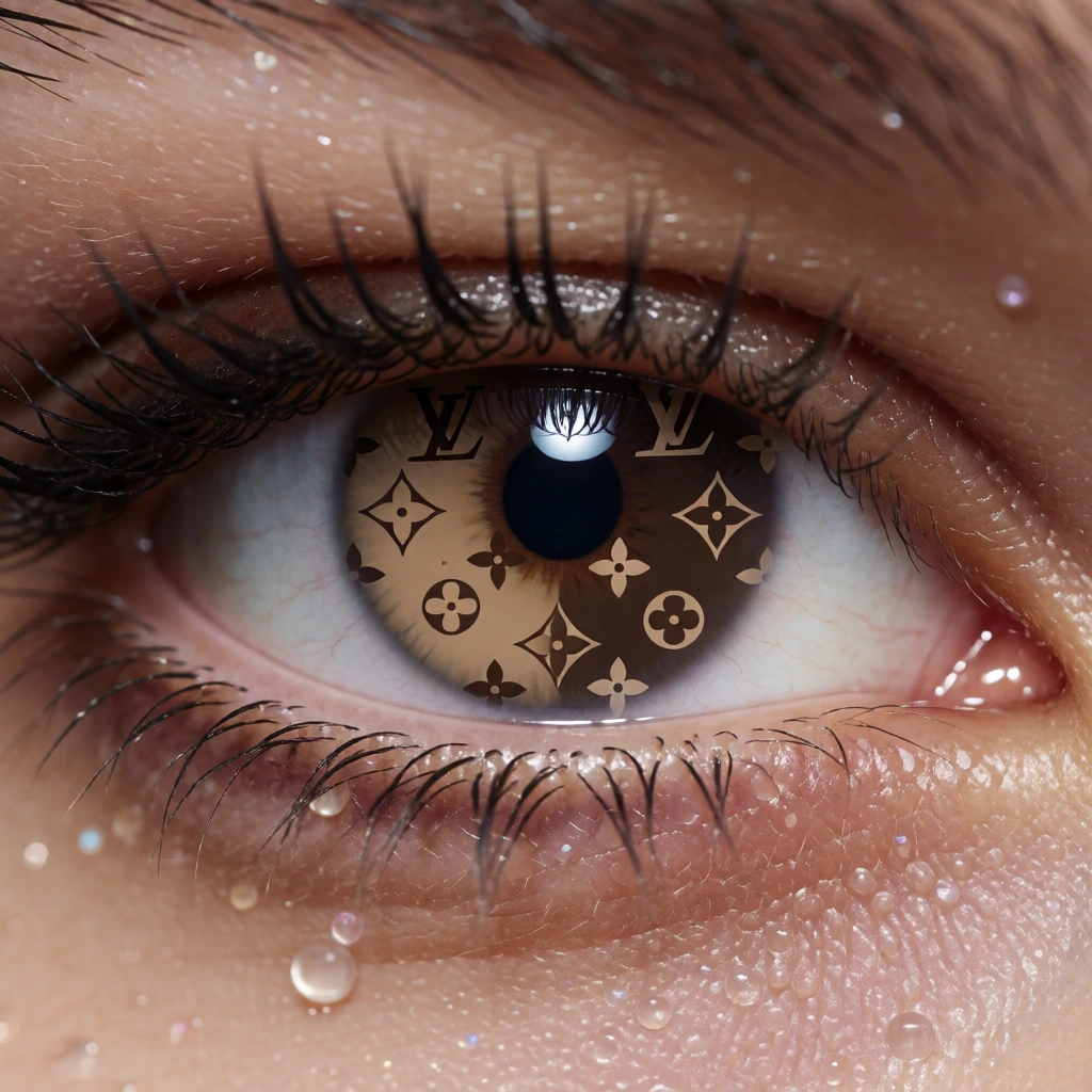 close up of eye crying, but the water filling the eye and dripping down has a luxury brand pattern inside of it, color scheme