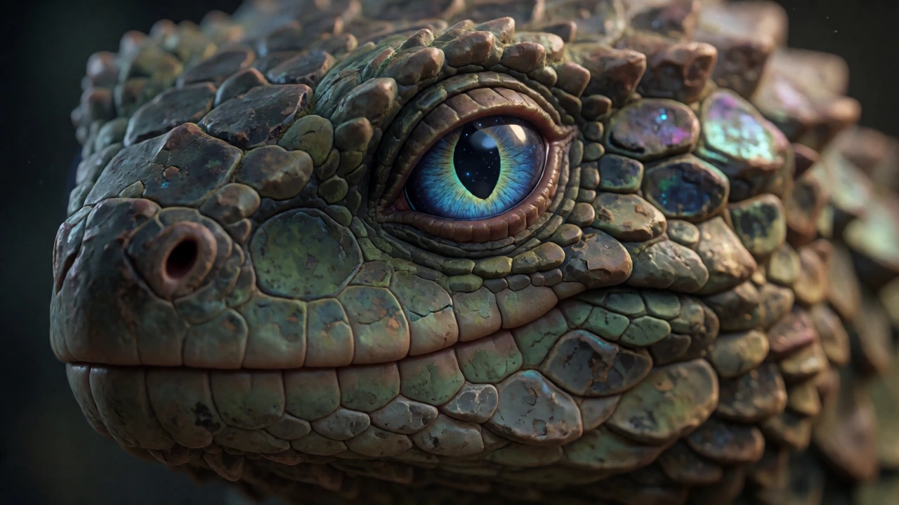 Ultra-realistic digital close-up portrait of a reptilian creature. The creature’s head is broad and rounded, with a subtle, slightly smiling expression and a gentle tilt conveying awareness, intelligence, and quiet curiosity. Skin texture is hyper-de