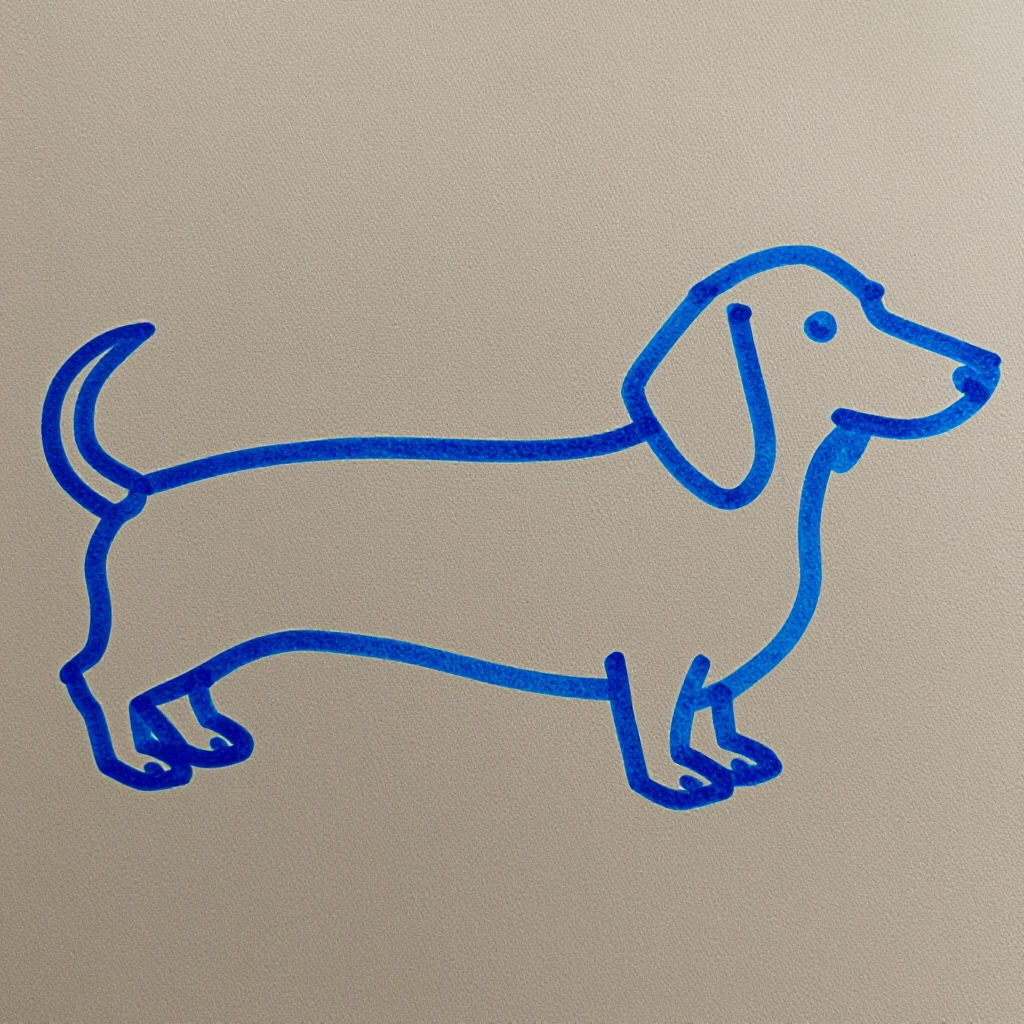 naive doodle of a dachshund, long funny body, thick uneven blue ink contours, flat simple shapes, no shadows, sparse texture marks, childish unskilled drawing on beige background --raw --profile yi9gbcq --hd --v 8.1