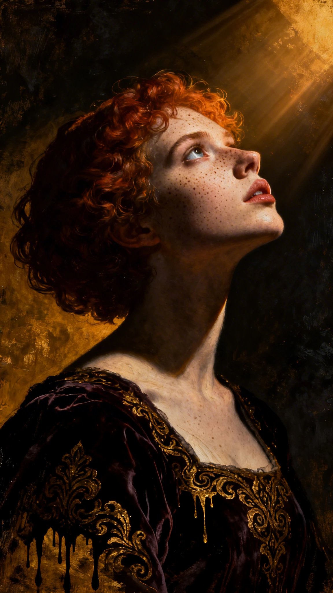 A high-resolution, Renaissance-style chiaroscuro portrait of a young woman with a short, curly auburn haircut, heavily detailed with freckles. Her head is tilted dramatically upwards and to the side, her gaze directed upward towards an off-camera lig