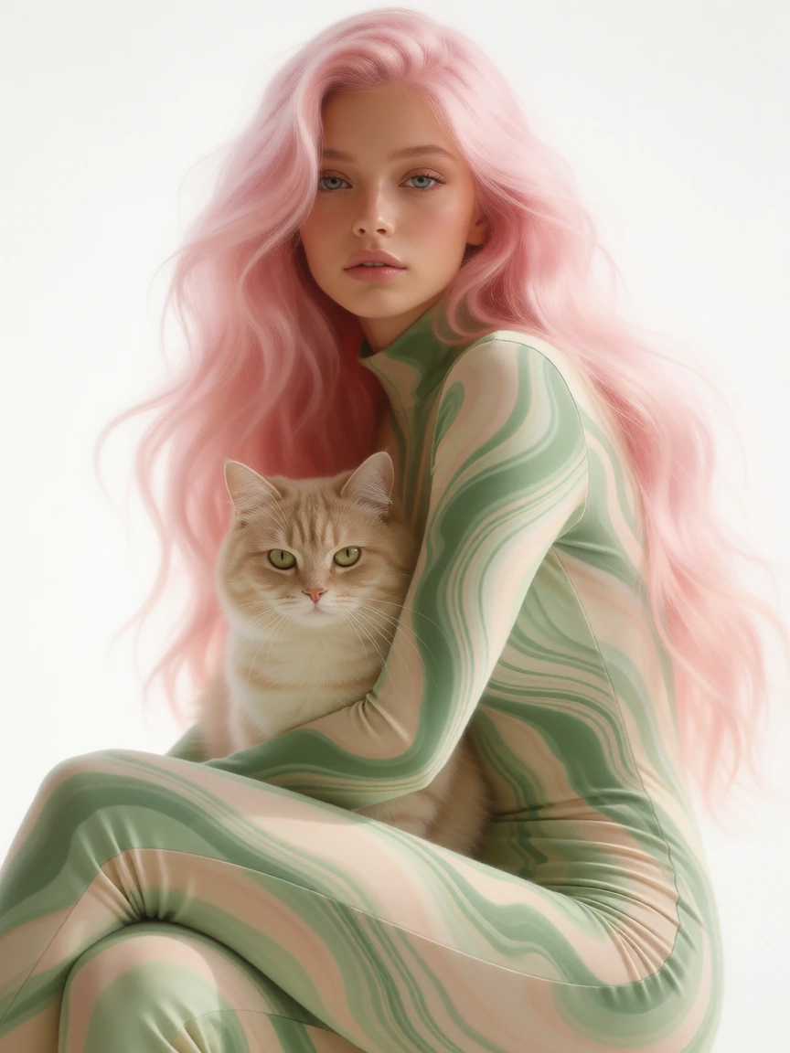 Beautiful woman with long flowing soft pastel pink hair, with her cat, sleek jumpsuit with swirled sage green and cream colors. Artistic quality, ethe