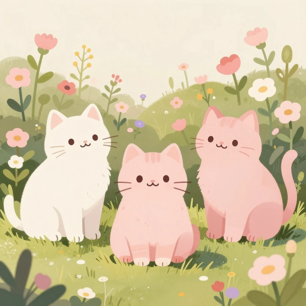 Digital illustration of three stylized cats with rounded features and pink fur sitting in a garden of wildflowers, using a gentle color palette of blush and cream