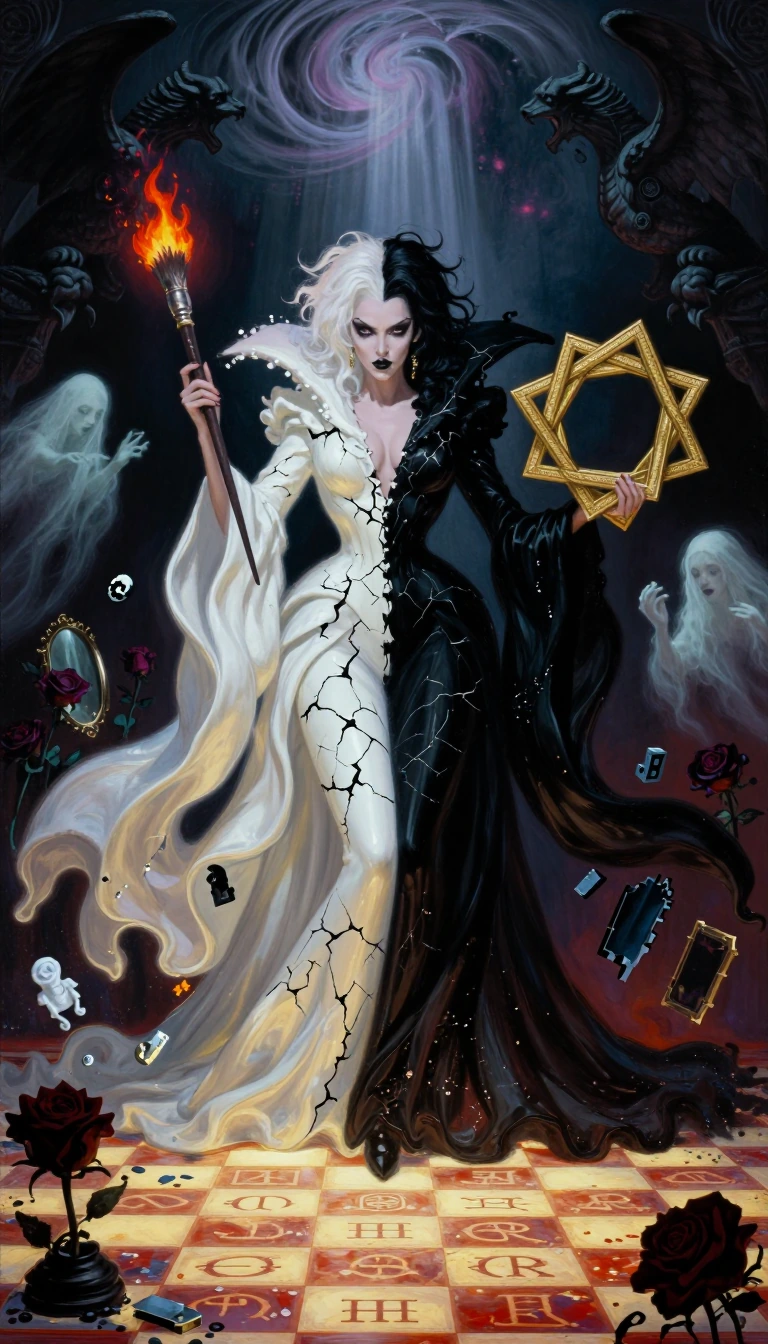 Full-body shot of a powerful dark sorceress with split black-and-white hair standing.#Cruella #Disney.on a glowing runic chessboard floor. She wears a