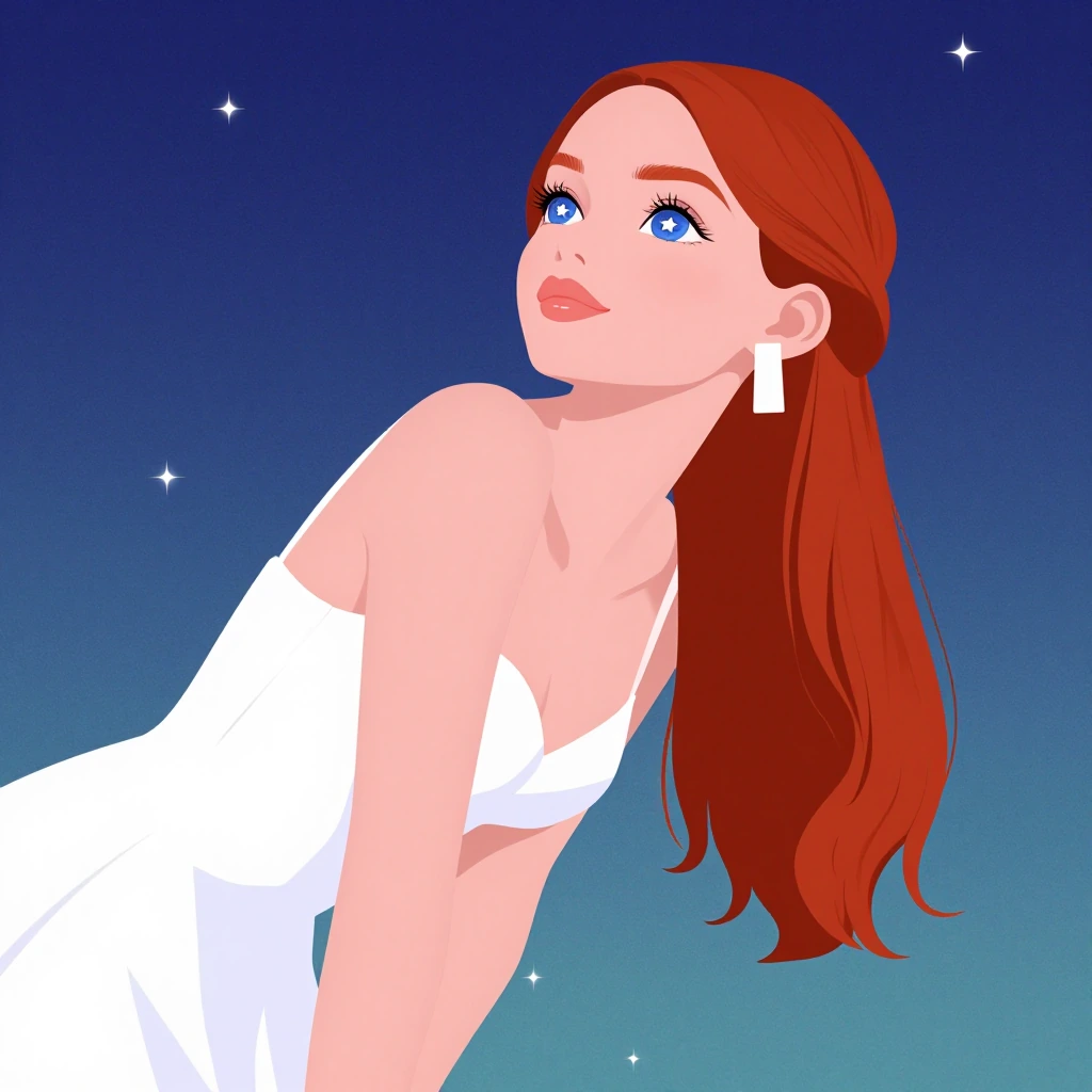flat color, no lineart, 1woman, blue eyes, star-shaped pupils, red hair, side ponytail, long hair, white earrings, upper body, abstract background, wa