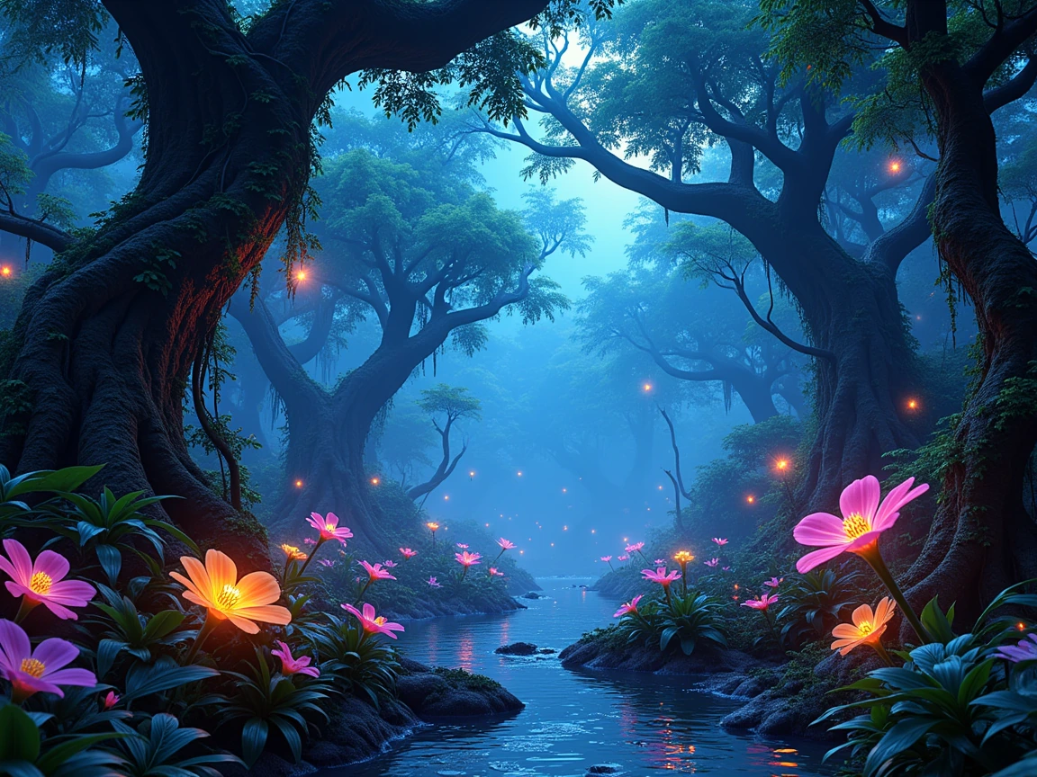 "A breathtaking, full-depth 3D-rendered image of a mystical, magical, and mysterious jungle, filled with lush, intricate flora and vibrant fauna. Towering trees with twisting, vine-covered trunks stretch high into the sky, their canopies glowing soft