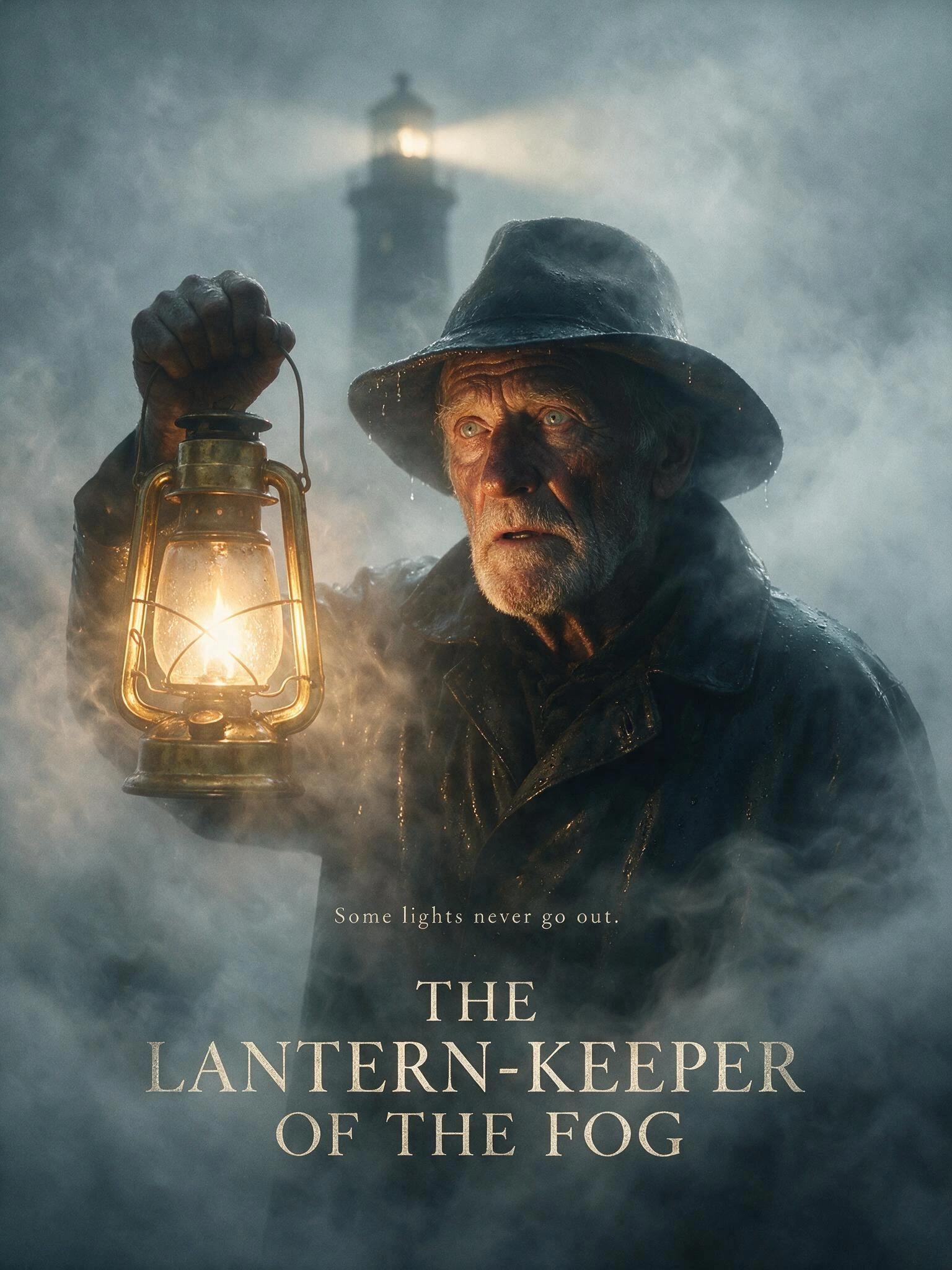 Create a cinematic movie poster in vertical one-sheet format, dominated by an intimate close-up of a weathered lighthouse keeper's face and the brass lantern he holds raised beside it. Frame him from the chest up, filling most of the poster, his face