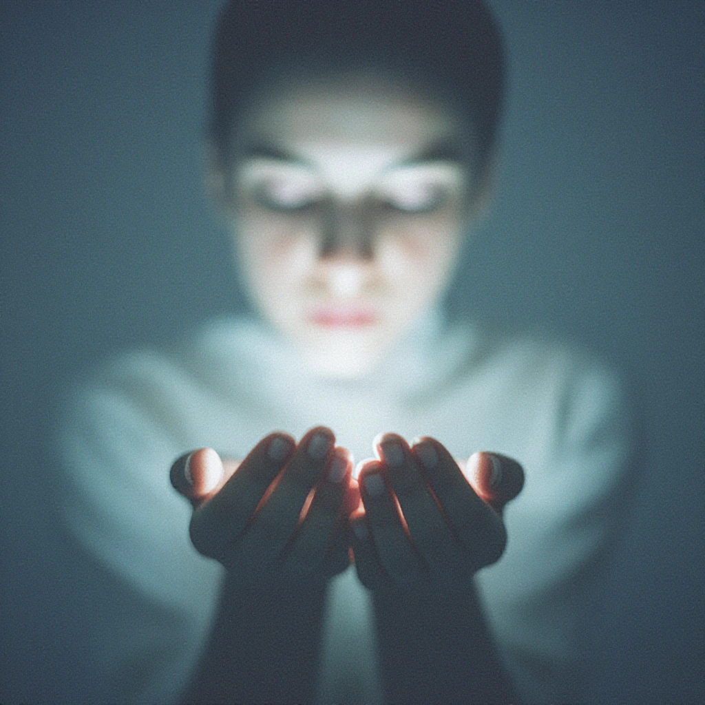 ethereal portrait of a person holding light in cupped hands, eyes closed