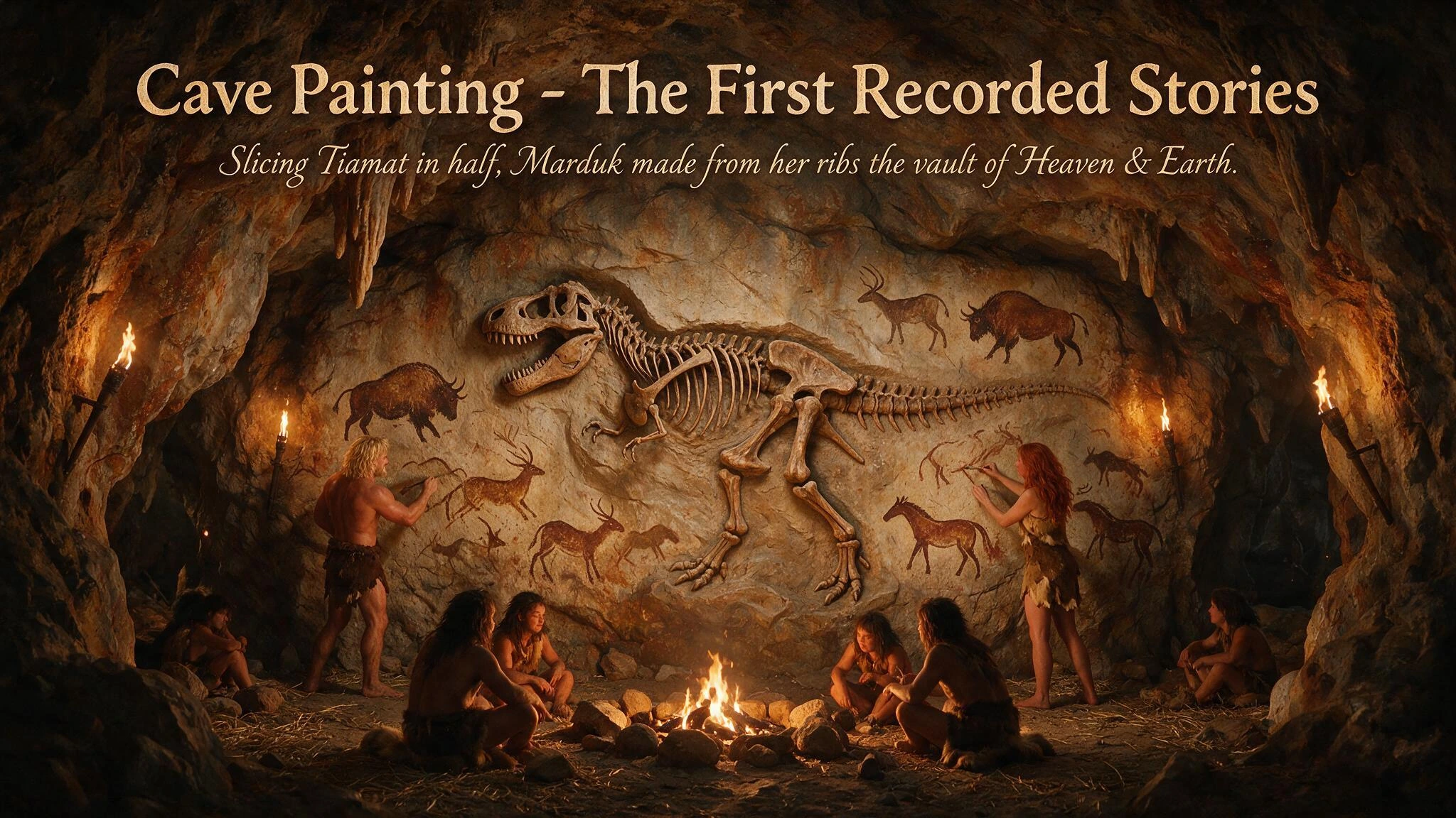 Title: Cave Painting - The First Recorded Stories Cave painting; Commanding the centre of the image, Set in the Cave Wall is the Obvious Fossil of a very large T-REX Dinosaur. A Handsome Muscular Blonde Caucasian Caveman and a tall, attractive Redhea