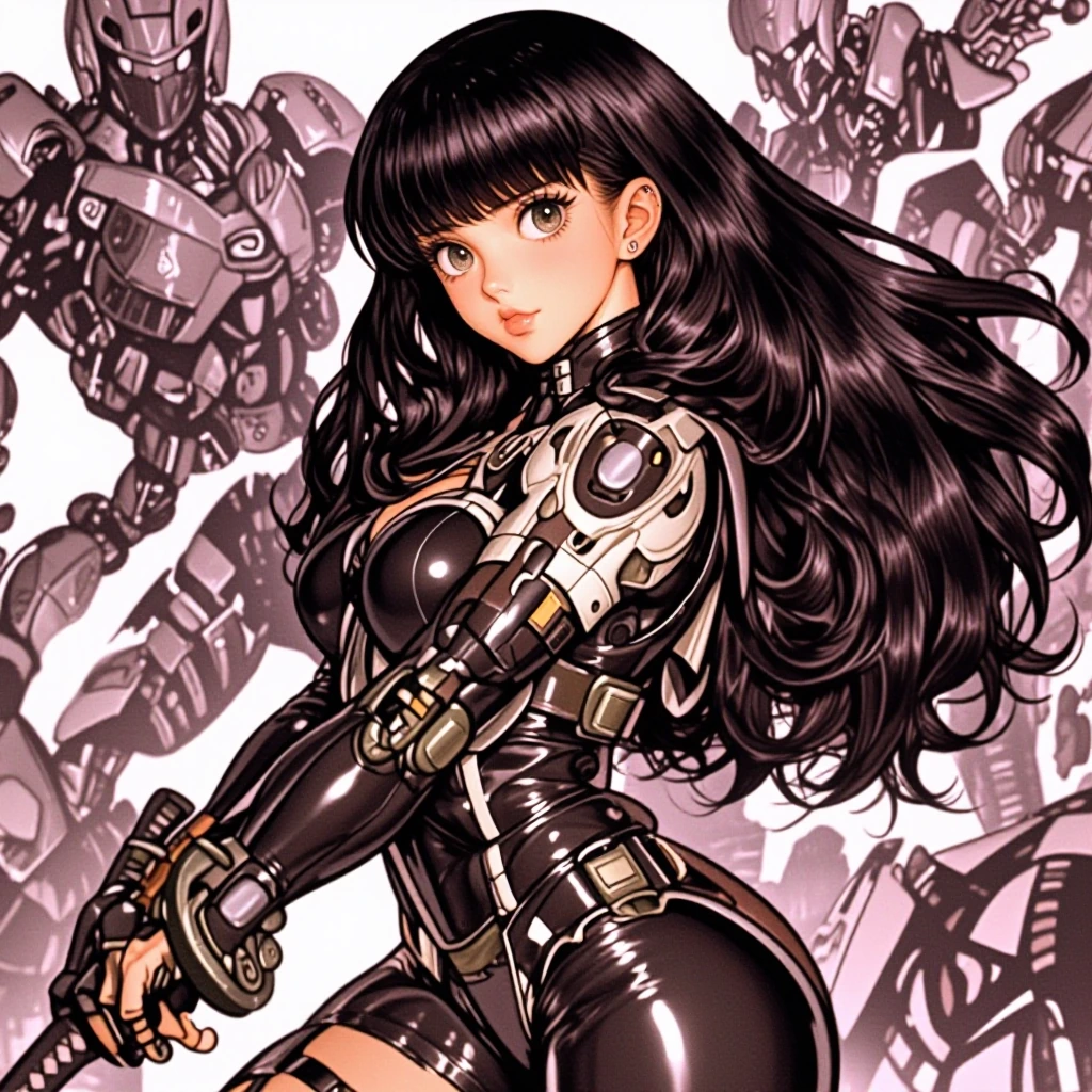 A beautiful, curvaceous young woman drawn in a detailed shonen anime style. She wears a high tech cybernetic uniform wielding a katana and battling ro