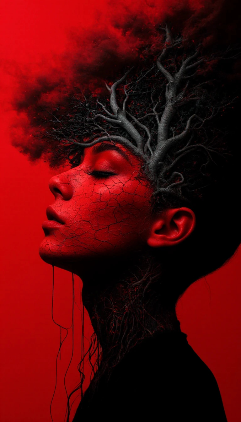 A photorealistic, hyper-detailed portrait of a male face with vibrant red, cracked skin texture resembling dried earth. The figure has eyes closed with long dark eyelashes, full lips, and is in a profile view. Intricate dark charcoal-grey and black f