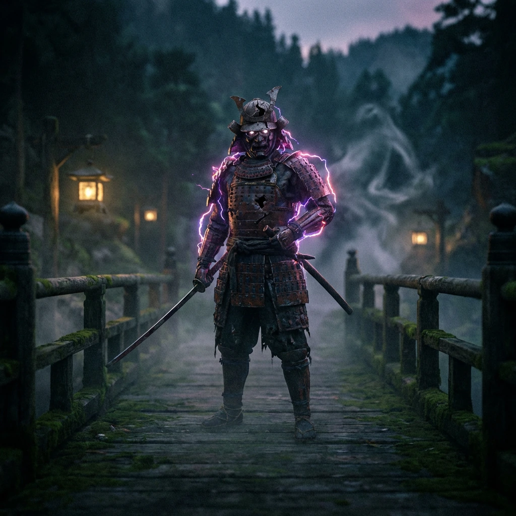 Undead Samurai guarding a bridge in fantasy feudal Japan, purple and pink electric aura animates the Undead Samurai. He is a deadly foe.