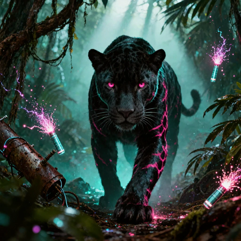 A majestic black jaguar with rosettes of neon teal and pink. He stalks an eerie jungle.