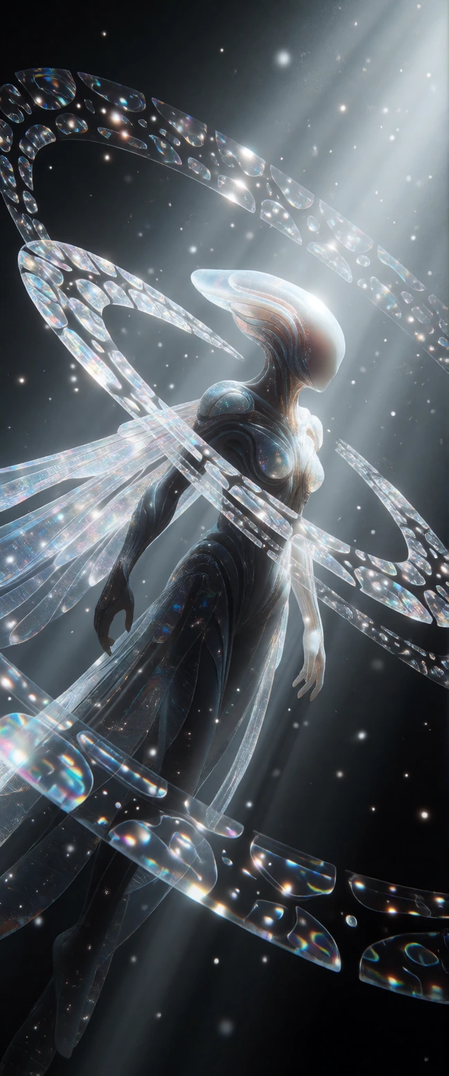 An alien "Angel," ditching feathers for bioluminescent, crystalline armor and interlocking gyroscopic rings of glowing optical sensors. High-contrast volumetric lighting piercing through atmospheric dust. The design utilizes static depth illusions an