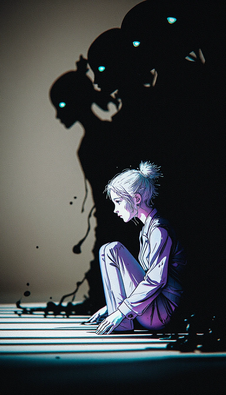 ((from side, profile)), A surreal, psychological illustration of a elegant androgynous woman with lavender skin, a angular facial features, and piercing eyes, in a pale suit sitting on stark, striped ground, his posture tense and contemplative. Her s