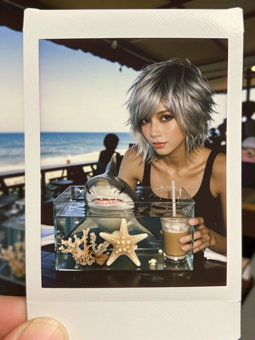 Woman, short silver shag hair with her real pet shark (peeking out of a rectangle glass bowl with clear water and coral and a starfish ) having coffee at a café. Ocean view, realistic Kodak Instamatic photograph.