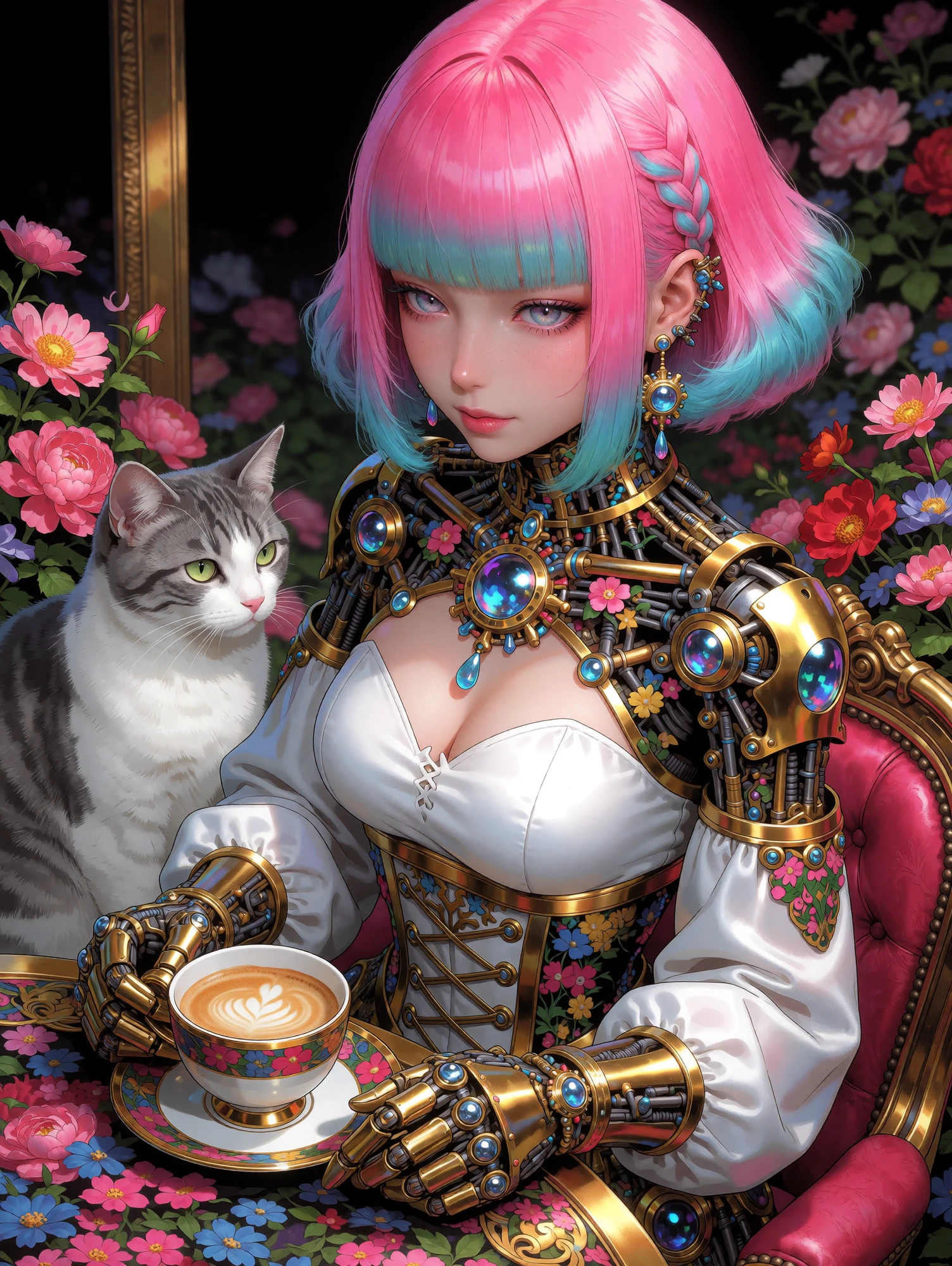 cyberclockwork style floralpunk elegant, woman bright pink aqua ombre bob hair with her cat and coffee.