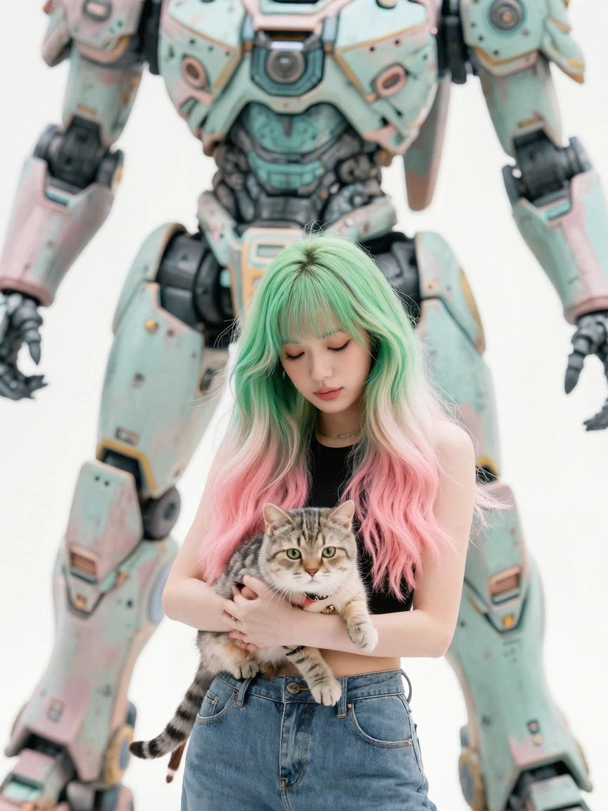 beautiful woman pastel green pink platinum ombre hair, with a cat, standing in front of a large mech, pastel acid-washed metal