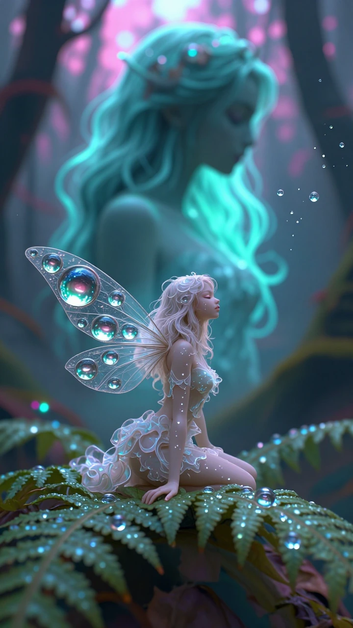 An extreme macro photograph of a bioluminescent woodland sprite emerging from a dew-soaked fern. Her body is made entirely of refractive, liquid-glass dew drops and iridescent woven spider silk. Optical illusion: the negative space of the glowing cya