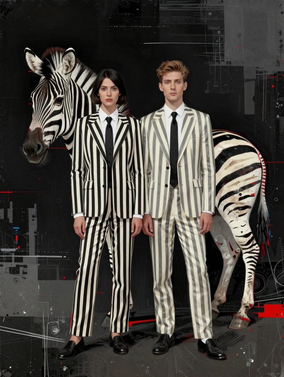 man and woman dressed in black and white striped suits standing next to a zebra