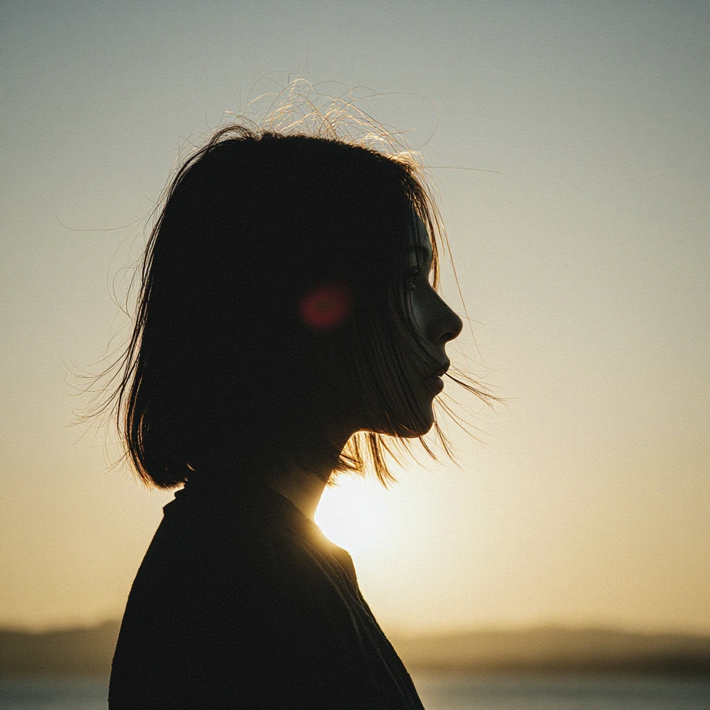 ethereal portrait of solitary figure gazing at horizon, golden hour light