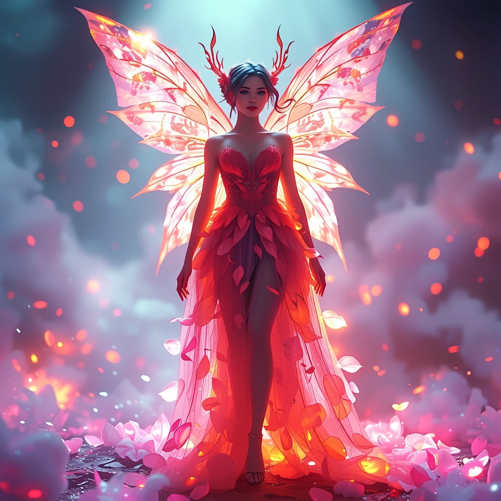beautiful fairy with wings, full-body portrait, wearing a dress made of glowing petals, in the style of artgerm, full-length shot, warm colors, romantic atmosphere, luminous shadows, pastel colors, pink and orange.