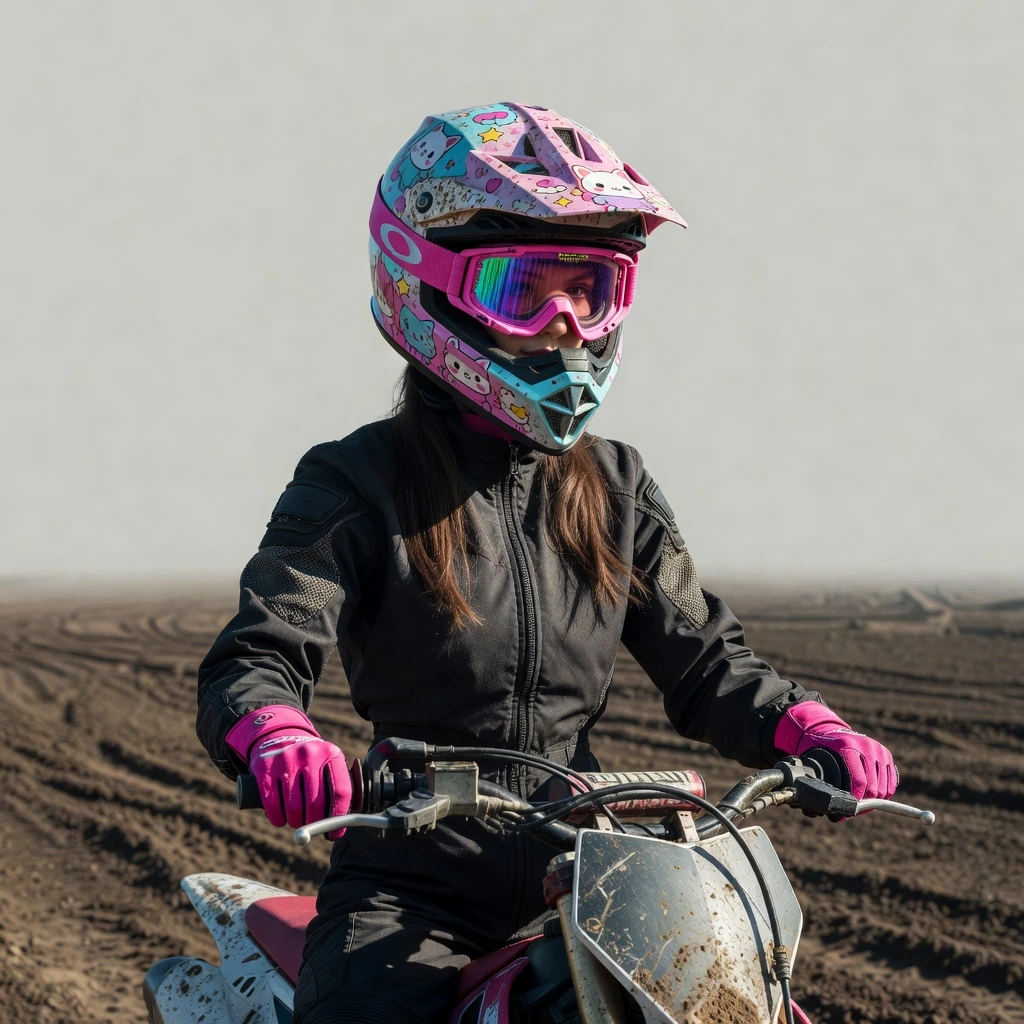 motocross doom girl FX pink goggles pink gloves, kawaii theme panels, standing behind