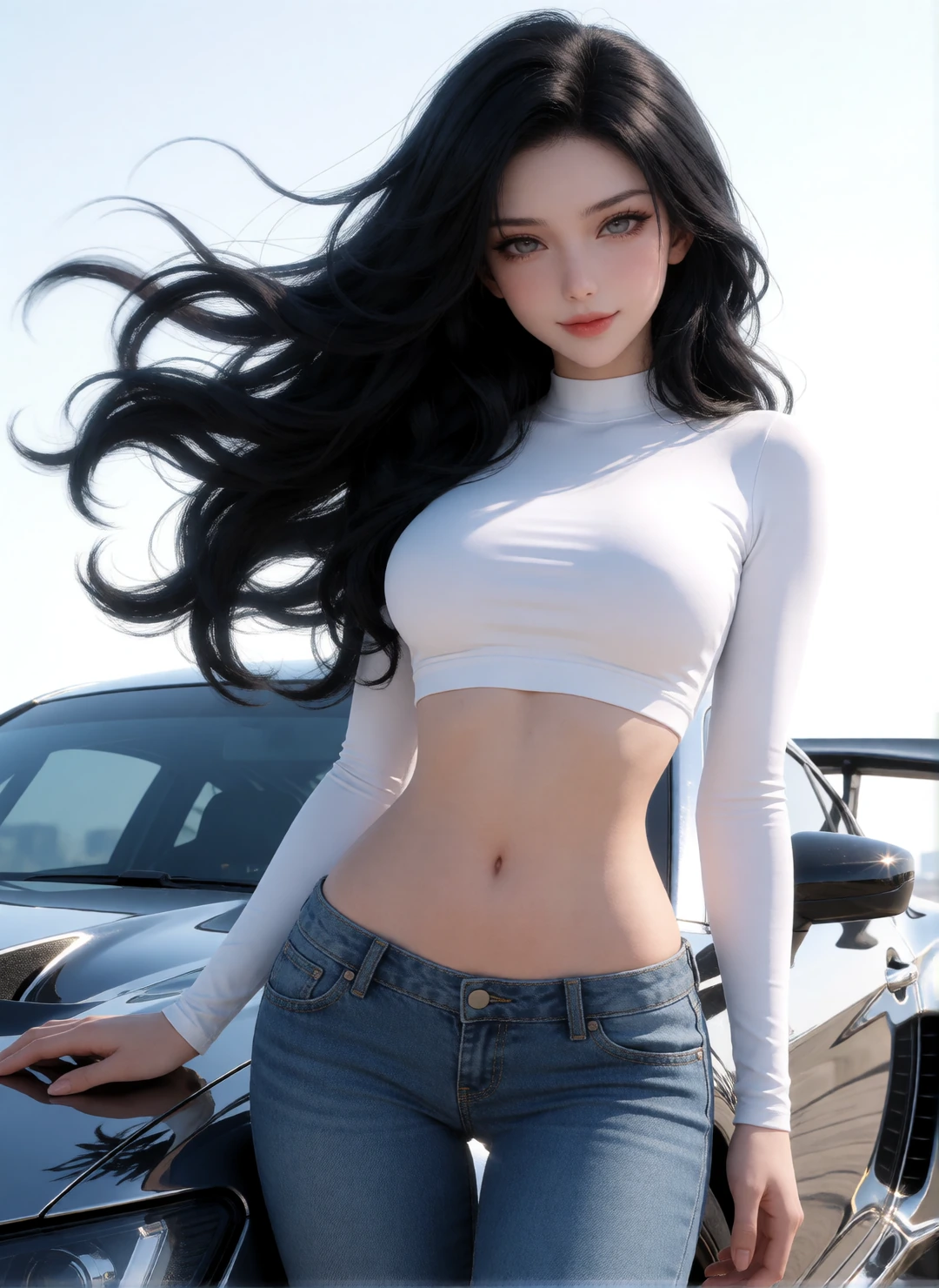 Tall slender young fitness model diva with full pouty crimson lips, sensual grey eyes, and wet lustrous wavy black hair blowing in the wind, highly defined muscle tone and prominent feminine curves. She stands confidently next to a shiny modern stree