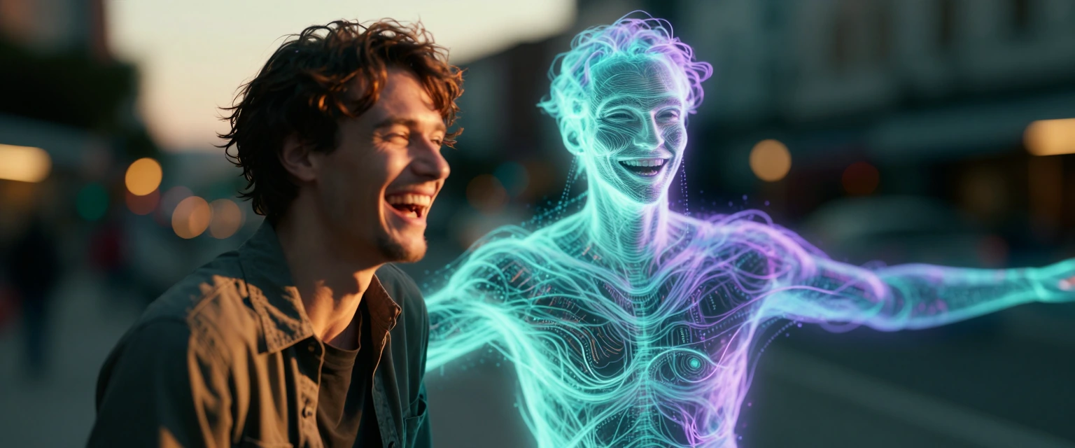 Two friends share a genuine, joyful laugh together in warm afternoon light. The first is a real human — a young adult with natural skin texture, expressive eyes crinkled with laughter, wearing casual clothing with fabric folds catching soft golden li