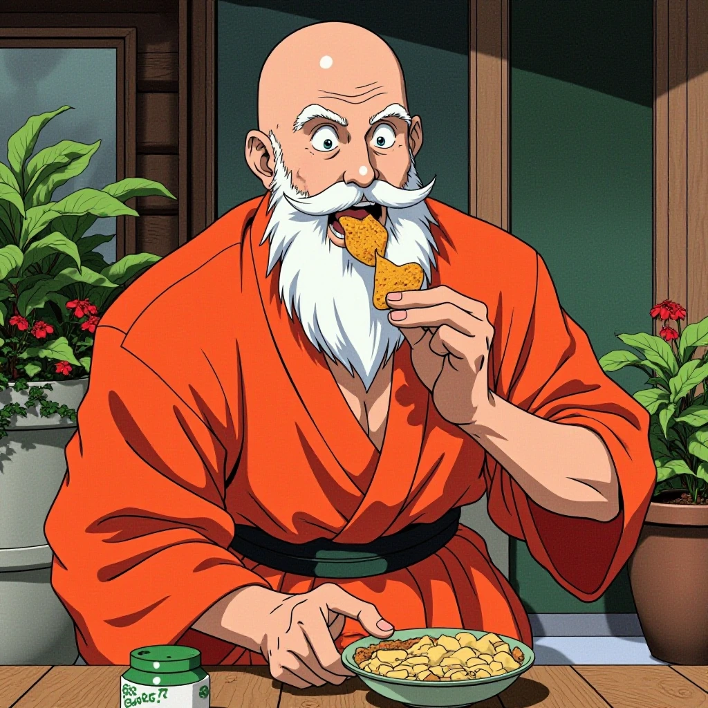 Master Roshi ate too much spicy chips and dip.