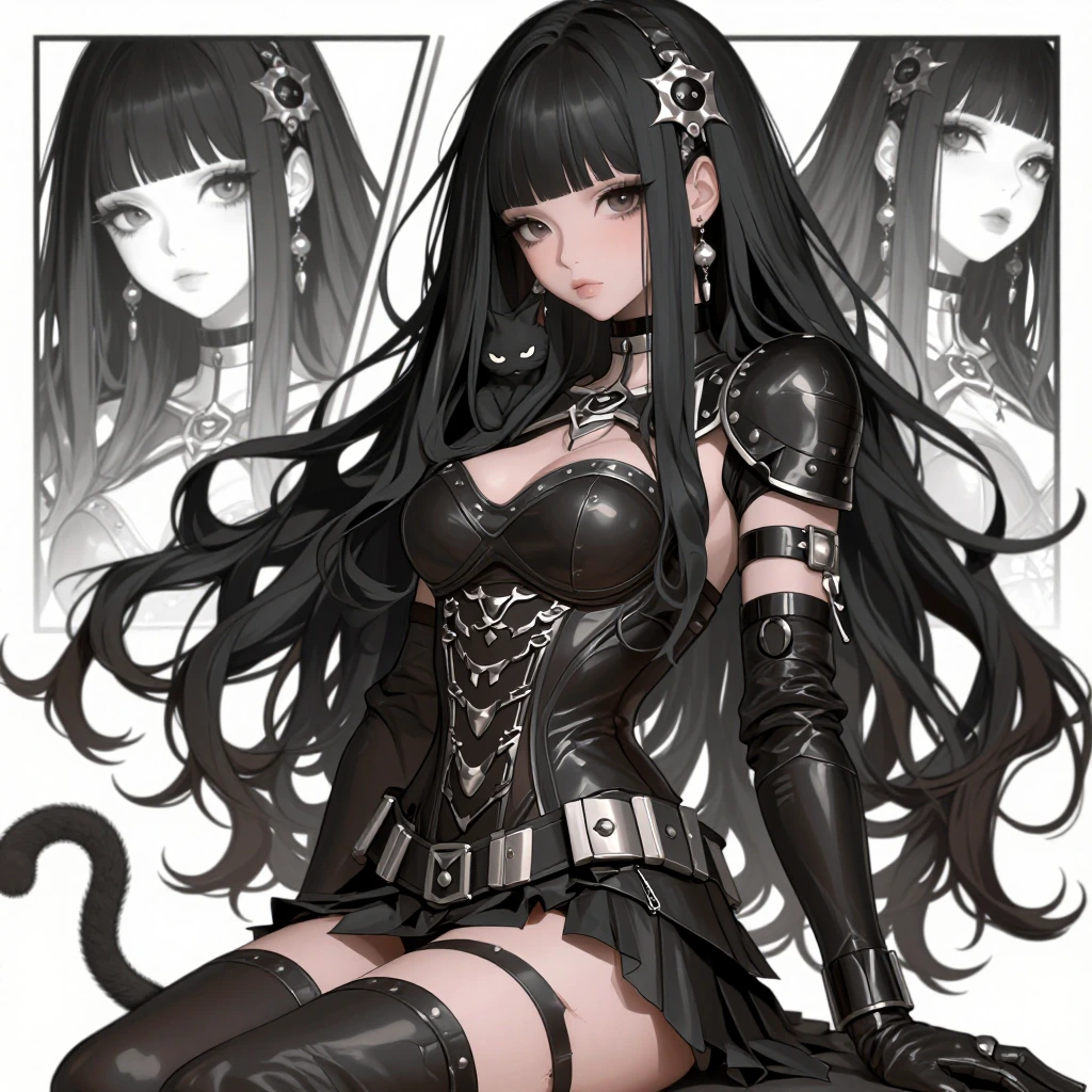 Woman with a cat, long black silver hair, dark souls feminine boss armor, goth background, manga