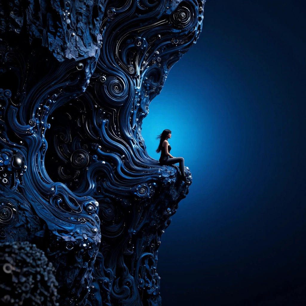 biomechanical style masterpiece, best quality, (deep blue and black theme), ((cliff)), 1girl, solo, BurstDaal, usnr, pvnk1_illu . blend of organic and mechanical elements, futuristic, cybernetic, detailed, intricate, masterpiece, best quality, (deep 