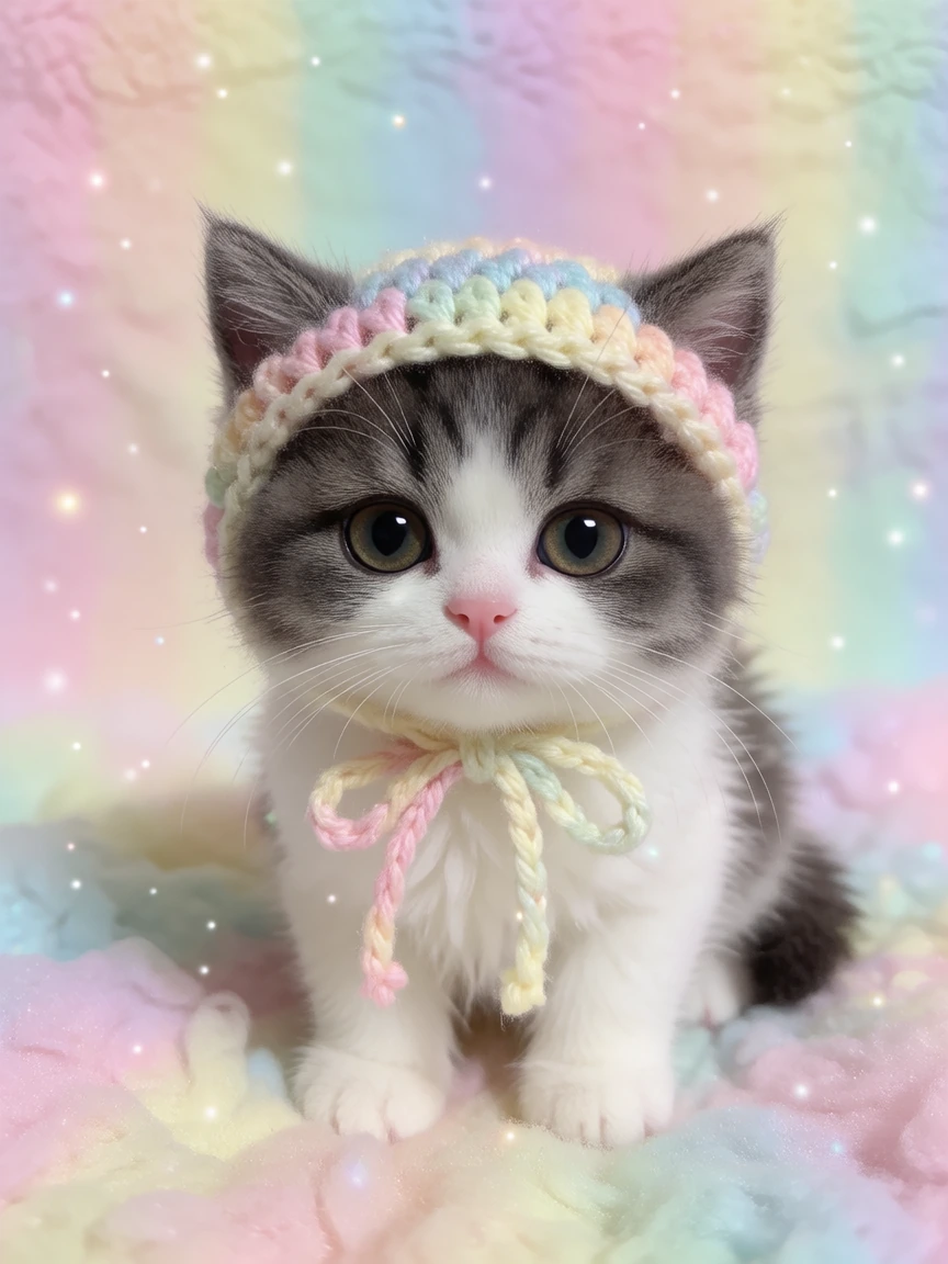 ultra realistic kitten in a crocheted hat, pastel background, amateur photo