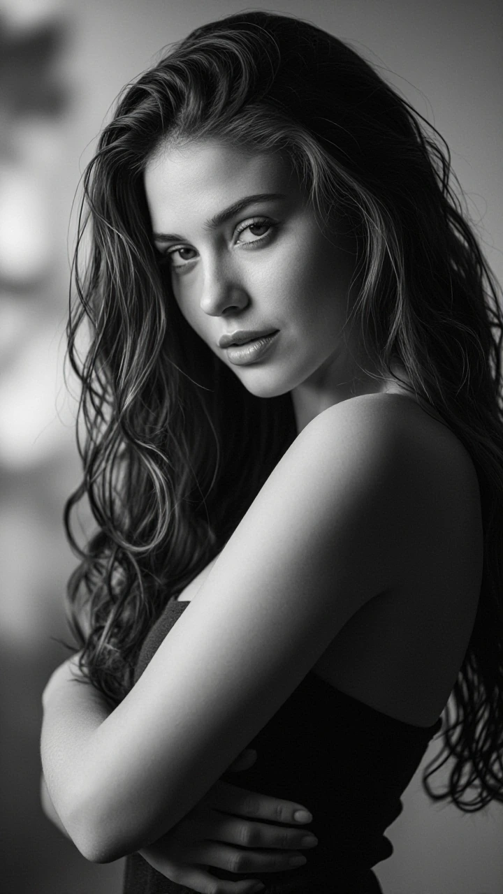 Black and white fine-art portrait of a woman with long, wavy hair cascading over her shoulders, 3/4 view, head tilted slightly down with a soft serene expression, arms gently crossed over her chest in a modest graceful pose, dramatic chiaroscuro ligh