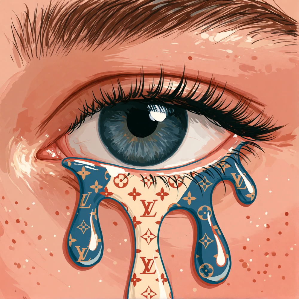 illustration style whimsical close up of eye crying, but the water filling the eye and dripping down has man different luxury brand pattern inside of 