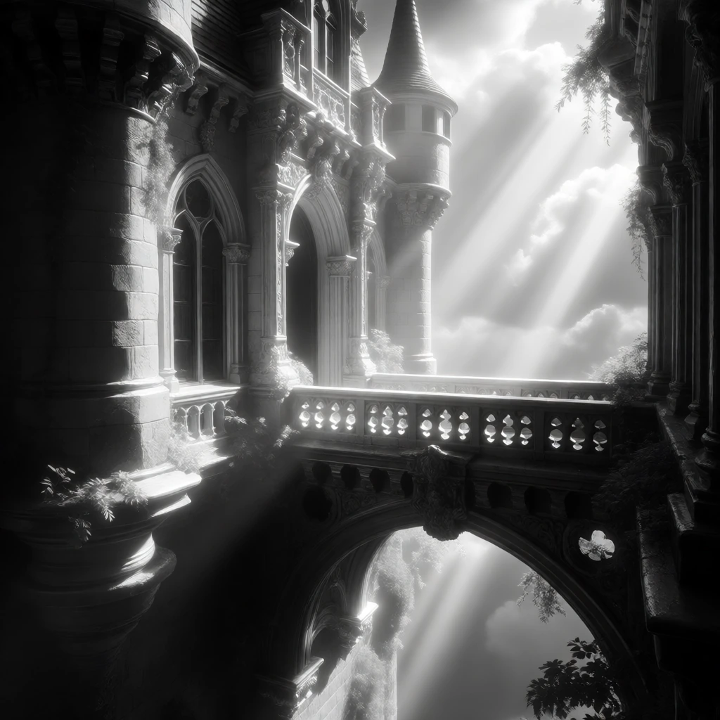castle walkway high in the sky black gry and white only