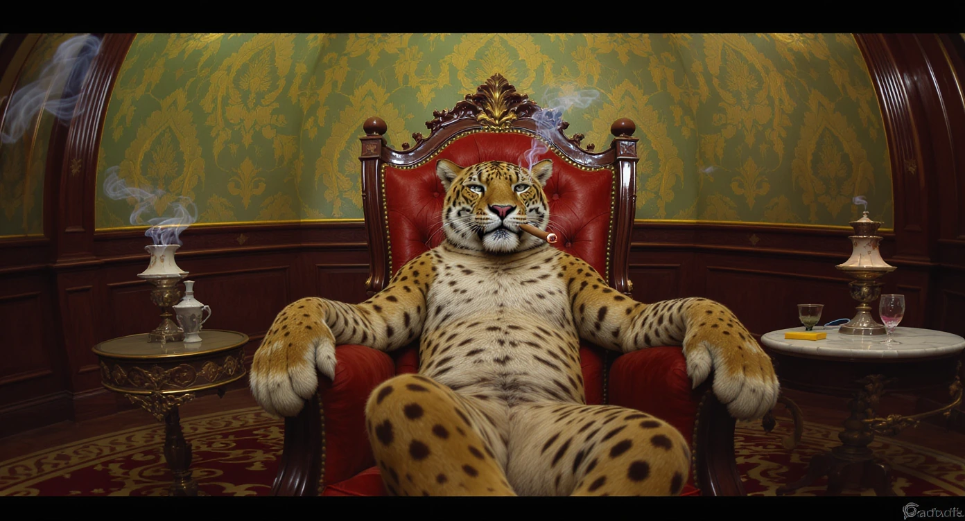 Cinematic high angle fish eye keyframe, auteur cinematography with high studio production value. A majestic anthropomorphic jaguar sits in a large, ornate master chair in the center of a luxurious lounge room. The jaguar has a powerful yet relaxed ar