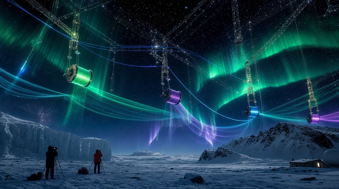 Arctic researchers photograph the night sky as colossal invisible hands operate massive crane rigs suspended above the polar horizon, weaving aurora borealis with threads of luminous liquid light—spools of emerald, violet, and cobalt spinning and unr
